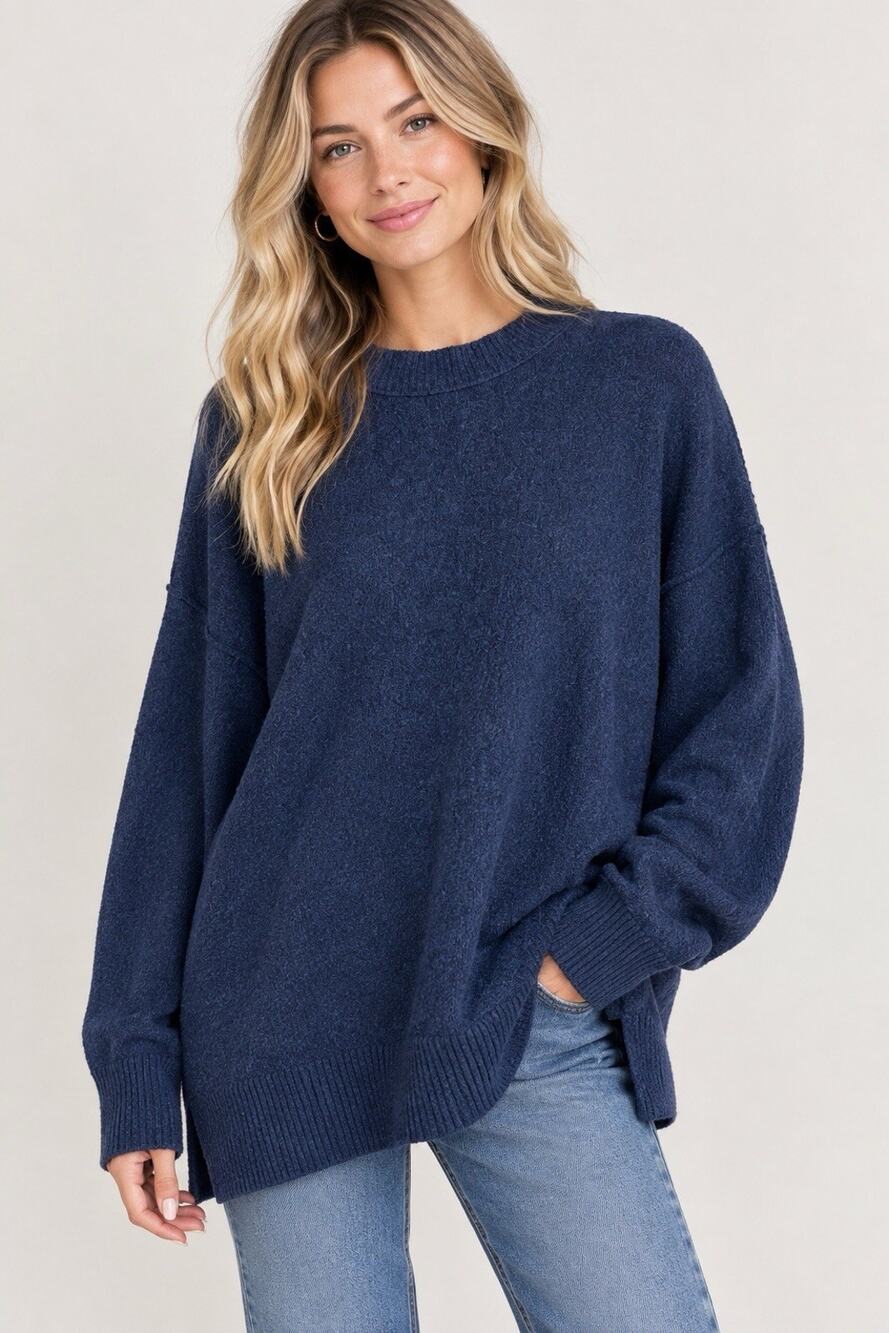 Aerie Navy Blue Oversized Crewneck Knit Sweater Sz XL Slouchy Coastal Grandma